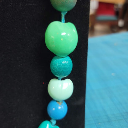 Vintage Costume Jewelry Wooden Nuts Seed Beaded Blue Green Chunky Necklace Faded