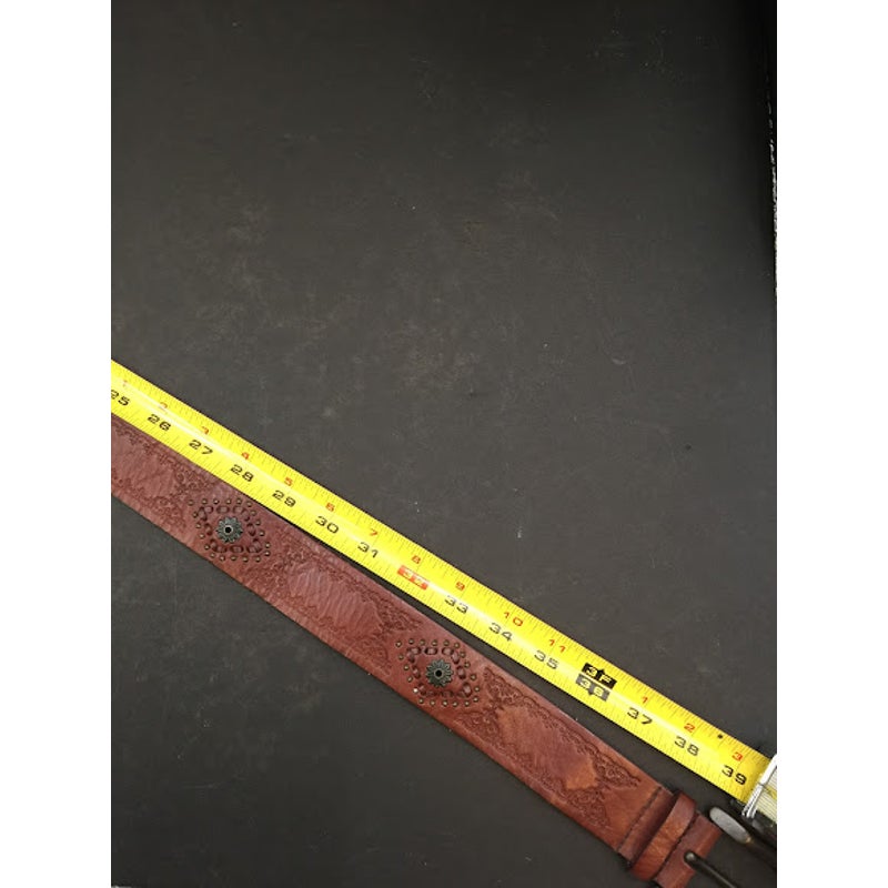 Fossil Tooled Leather Belt Brass buckle Floral Studded women's LARGE hippie boho