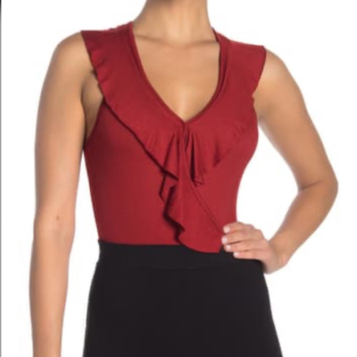 Goof Luck Gem NEW Rust Ruffle Front Bodysuit Large