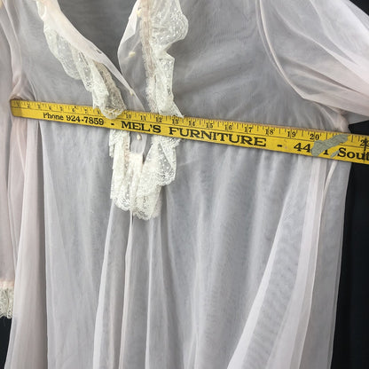 Vintage Pink Sheer Chiffon Ruffle Lace Nightgown Robe Romantic Loungewear
