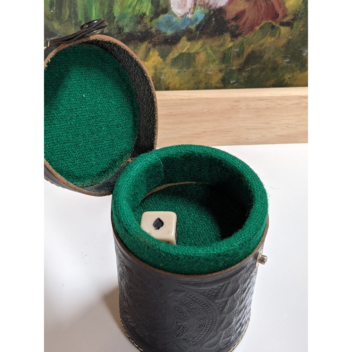 Vintage travel Game Dice Cup Leather Carved Brown Green Lining w Casino Die