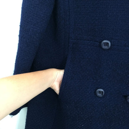 Vintage Dark Blue Full Length Coat Jacket Button Up Textured Medium/Large Trench