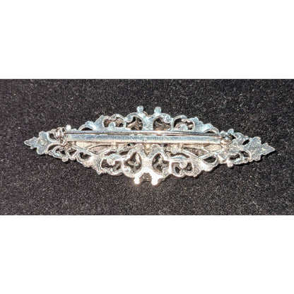 Vintage Brooch Black Stones Receded Setting Silver Tone Filigree Oval Pin