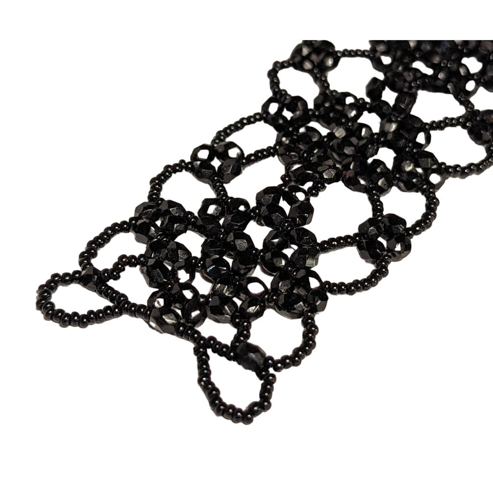 Vintage Glass Beaded Open Work Net Cuff Bracelet Black Button Closure 6"