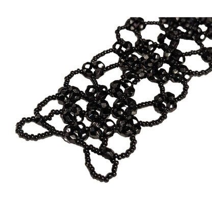Vintage Glass Beaded Open Work Net Cuff Bracelet Black Button Closure 6"