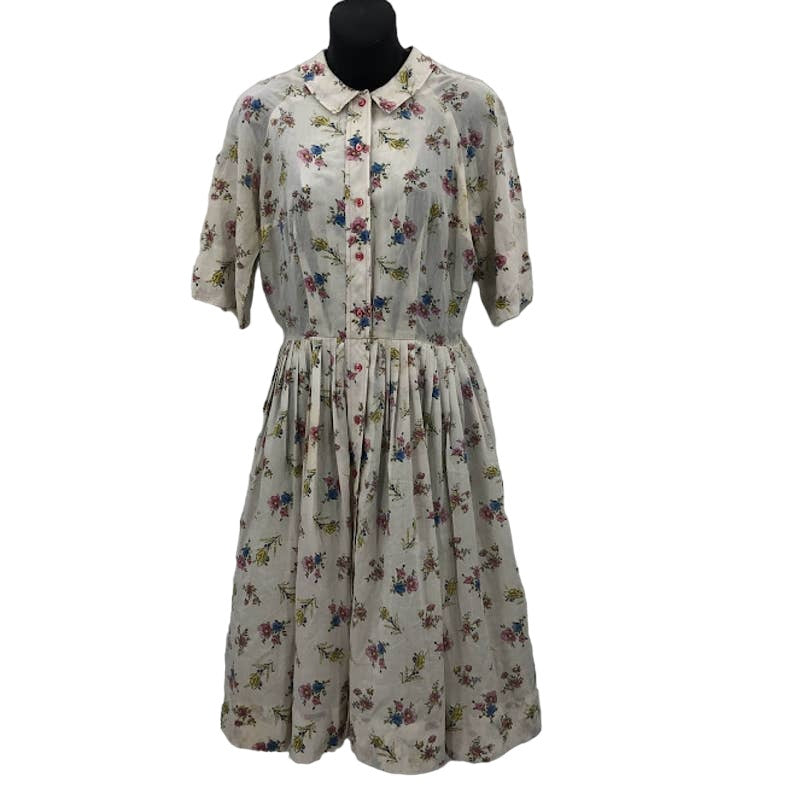 Vintage 1960s White Floral Pleated Button Up Short Sleeve Fit & Flare Dress