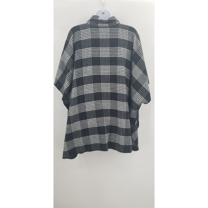 Vintage Black White Plaid Metal Zipper Poncho Wrap One Size Sweater CoverUp