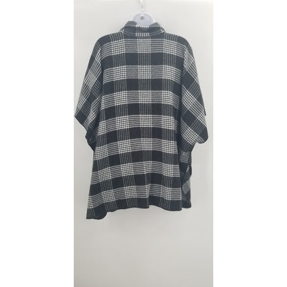 Vintage Black White Plaid Metal Zipper Poncho Wrap One Size Sweater CoverUp