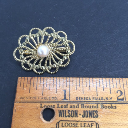 Vintage Golden Brooch  Spiral Oval Faux Pearl Center Filigree Pin