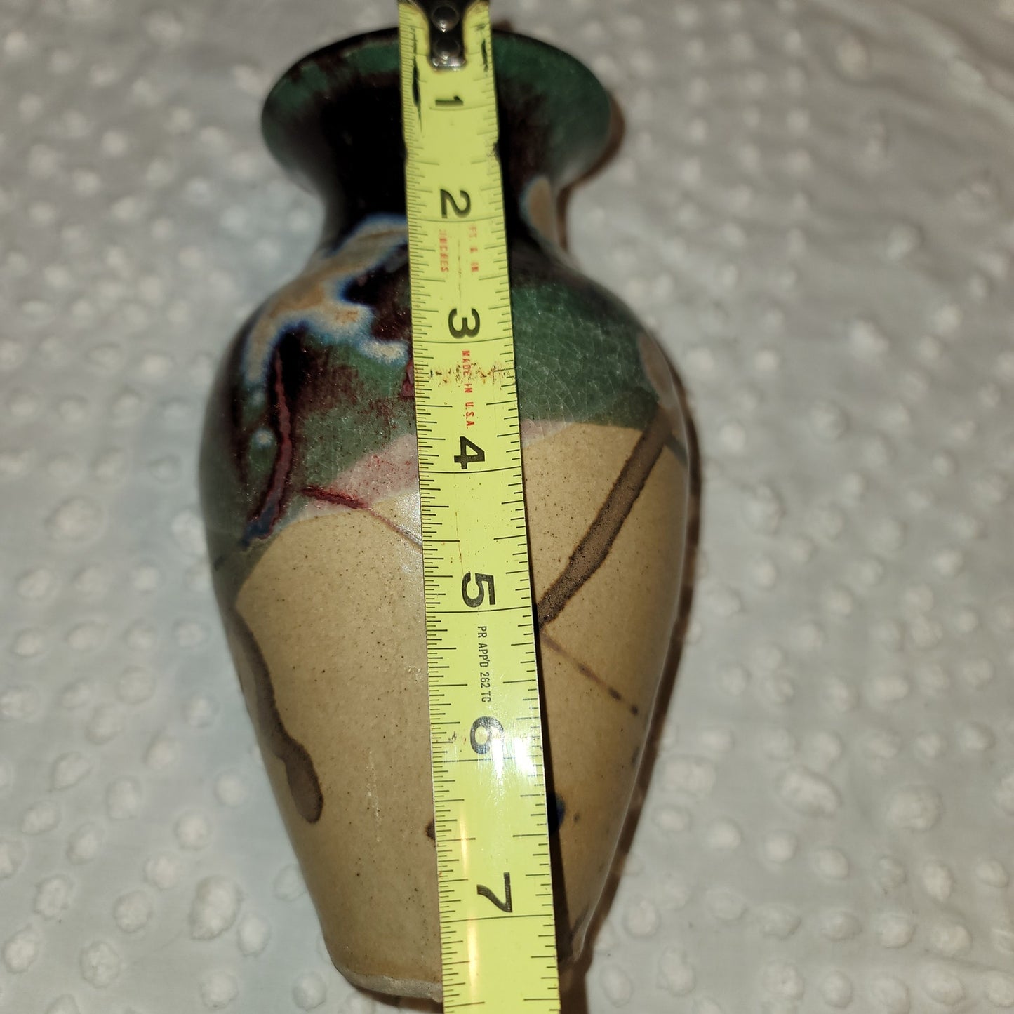 Art pottery raku vase handmade Signed Approx. 7.5" tall Clay Green Brown