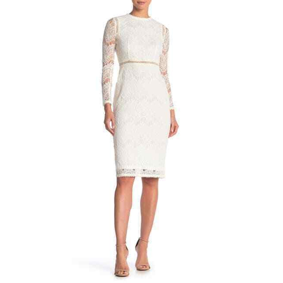 Love by Design Long Sleeve Lace Lined Midi Dress Back Zip White Medium