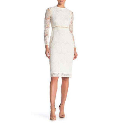 Love by Design Long Sleeve Lace Lined Midi Dress Back Zip White Medium