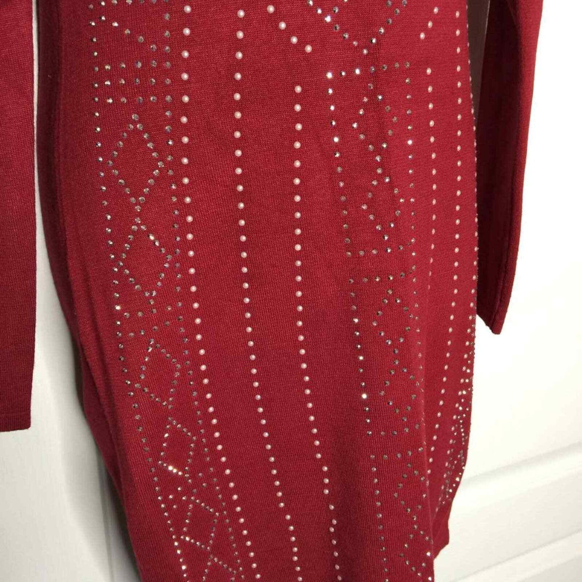 Say What? Beaded BODYCON Dress Crew-Neck GARNET Large