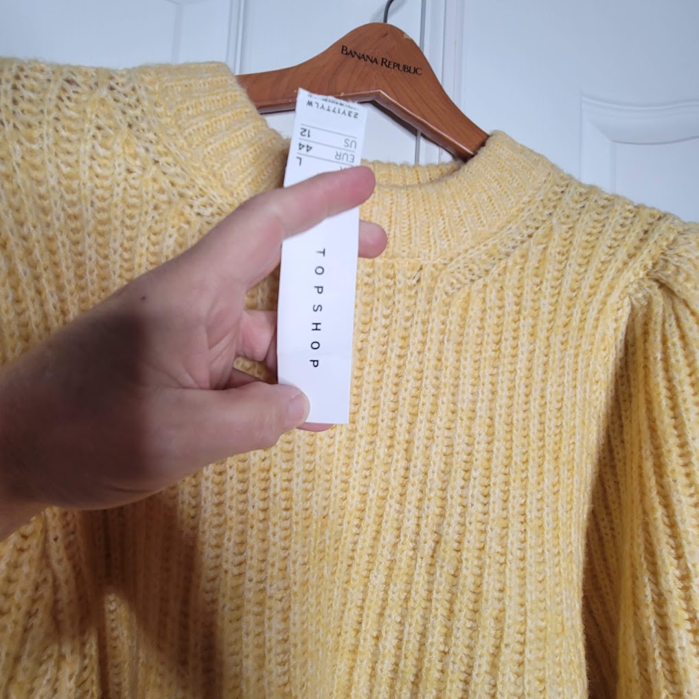 TopShop Size 12 large Knit Yellow Sweater Round Neck Pouf Long Sleeve Chunky NEW