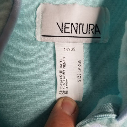 Ventura VINTAGE 60s Nightgown ROBE Embroidery Neck 3/4 Sleeve Zip Blue Large