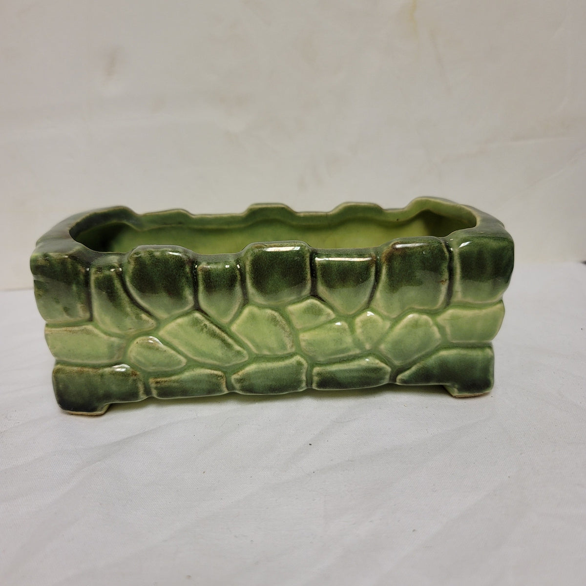 Vintage Stone embossed Oblong 7" Green planter