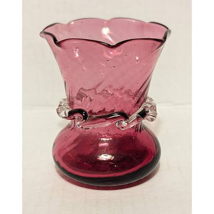 Vintage Pilgrim Cranberry Flared Vase with Clear Glass Accents Petaled Neck Pink