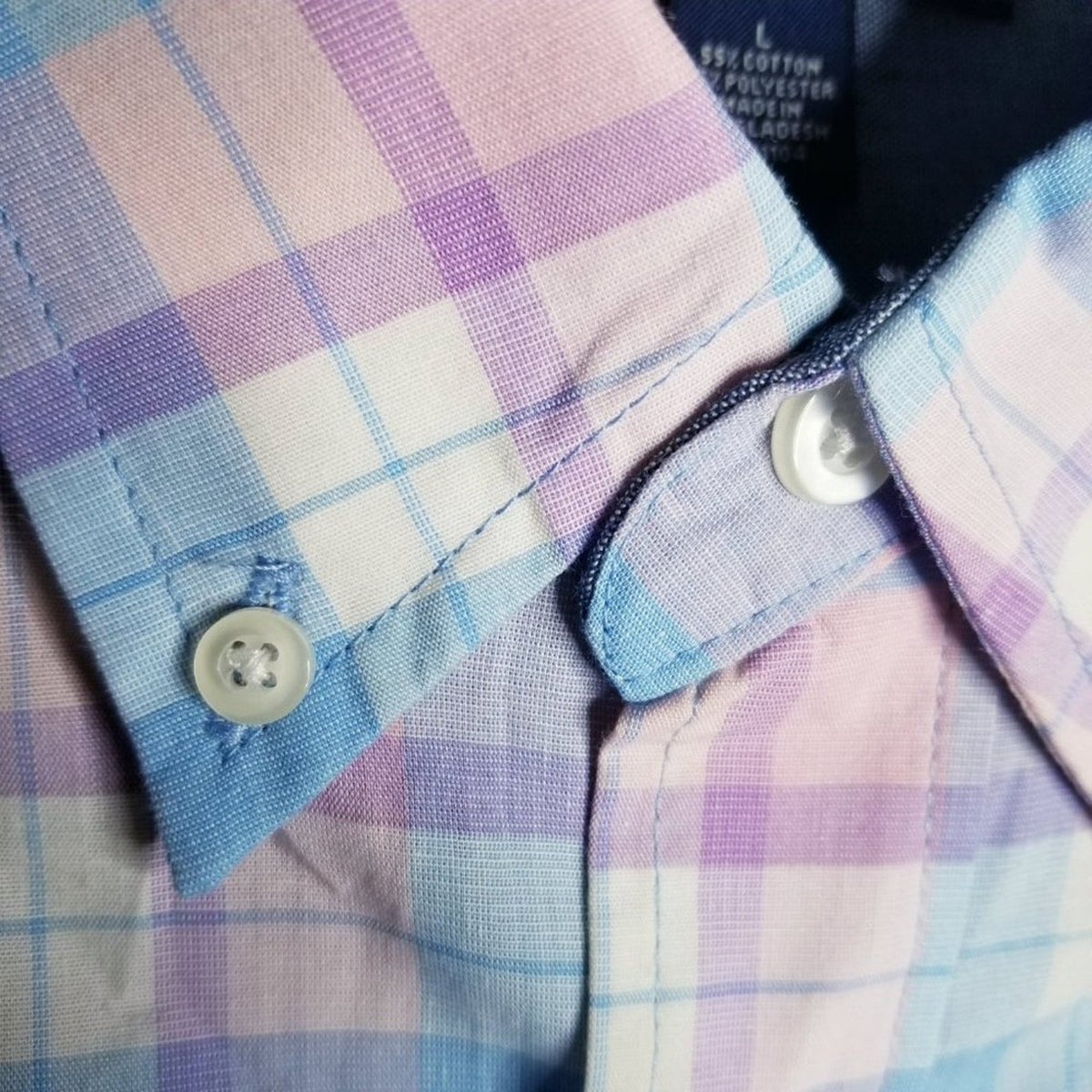 Saddlebred Button Dress Shirt Long Sleeve Collared Blue/White/Purple Plaid Large