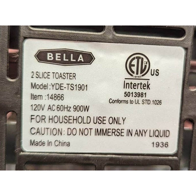 Bella 2 Slice Toaster Stainless Steel 5 Heat Settings Reheat Gluten Free Option