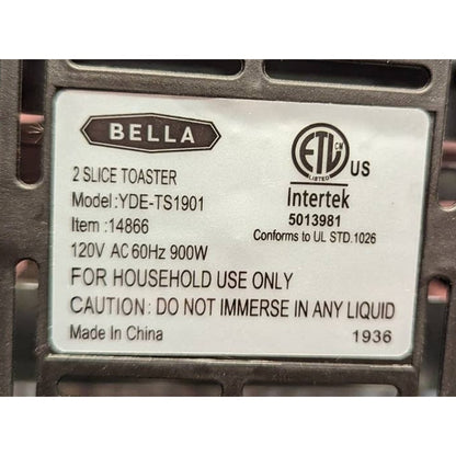 Bella 2 Slice Toaster Stainless Steel 5 Heat Settings Reheat Gluten Free Option