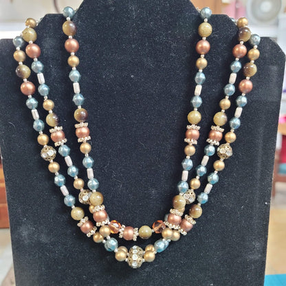 Vintage Costume Jewelry Fashion Layered Beaded Necklace 3 Strand Blue Faux Pearl