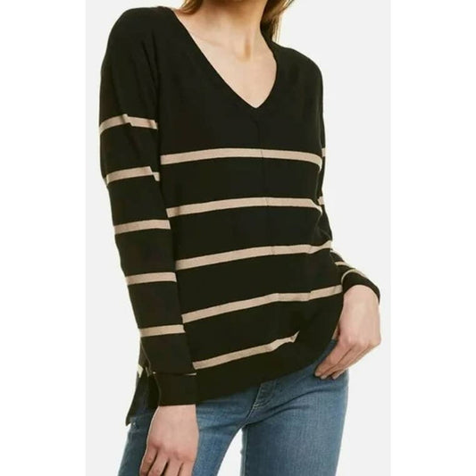 Bobeau V-Neck Front Seam Striped Pullover Top XL/Extra Large Black Oatmeal NWT