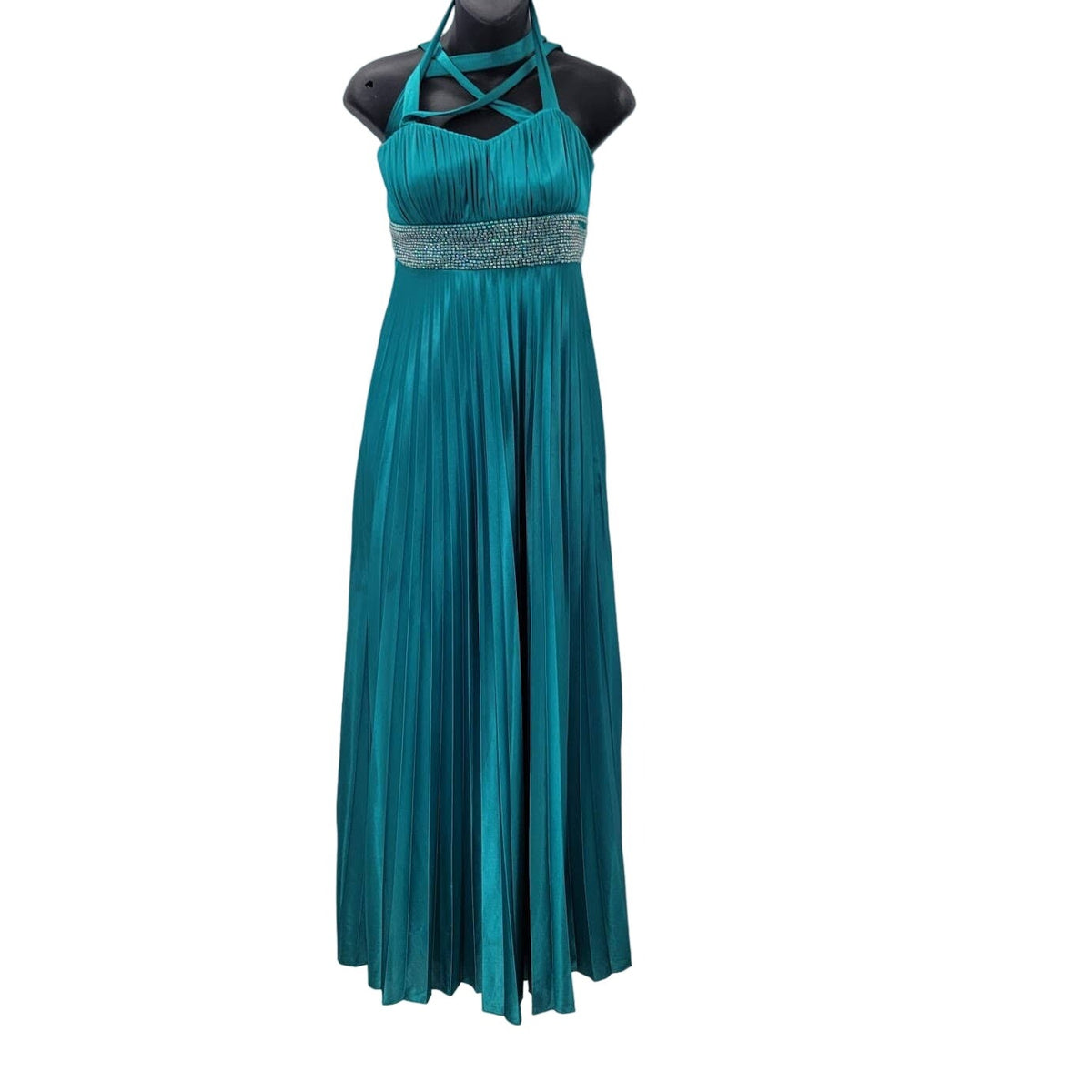 Vintage Teal Sequin Hearts Small Gown Damaged Dress Up Ruched Empire Maxi Blue