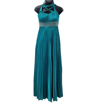 Vintage Teal Sequin Hearts Small Gown Damaged Dress Up Ruched Empire Maxi Blue