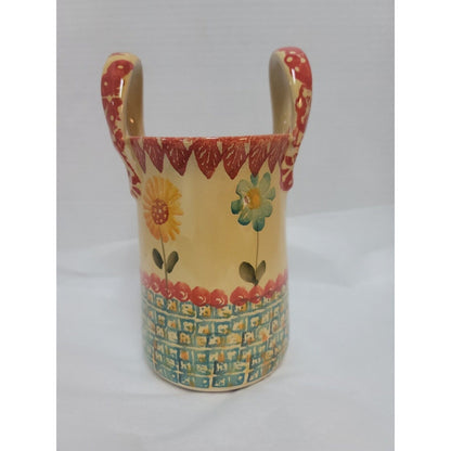 Italica ARS Hand Painted Flower Stoneware Handled Vase Utensil Holder Italy