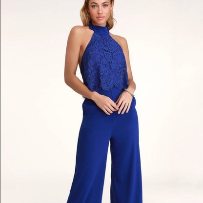 Lulu’s NEW Royal Blue Lace Halter Jumpsuit Size Medium