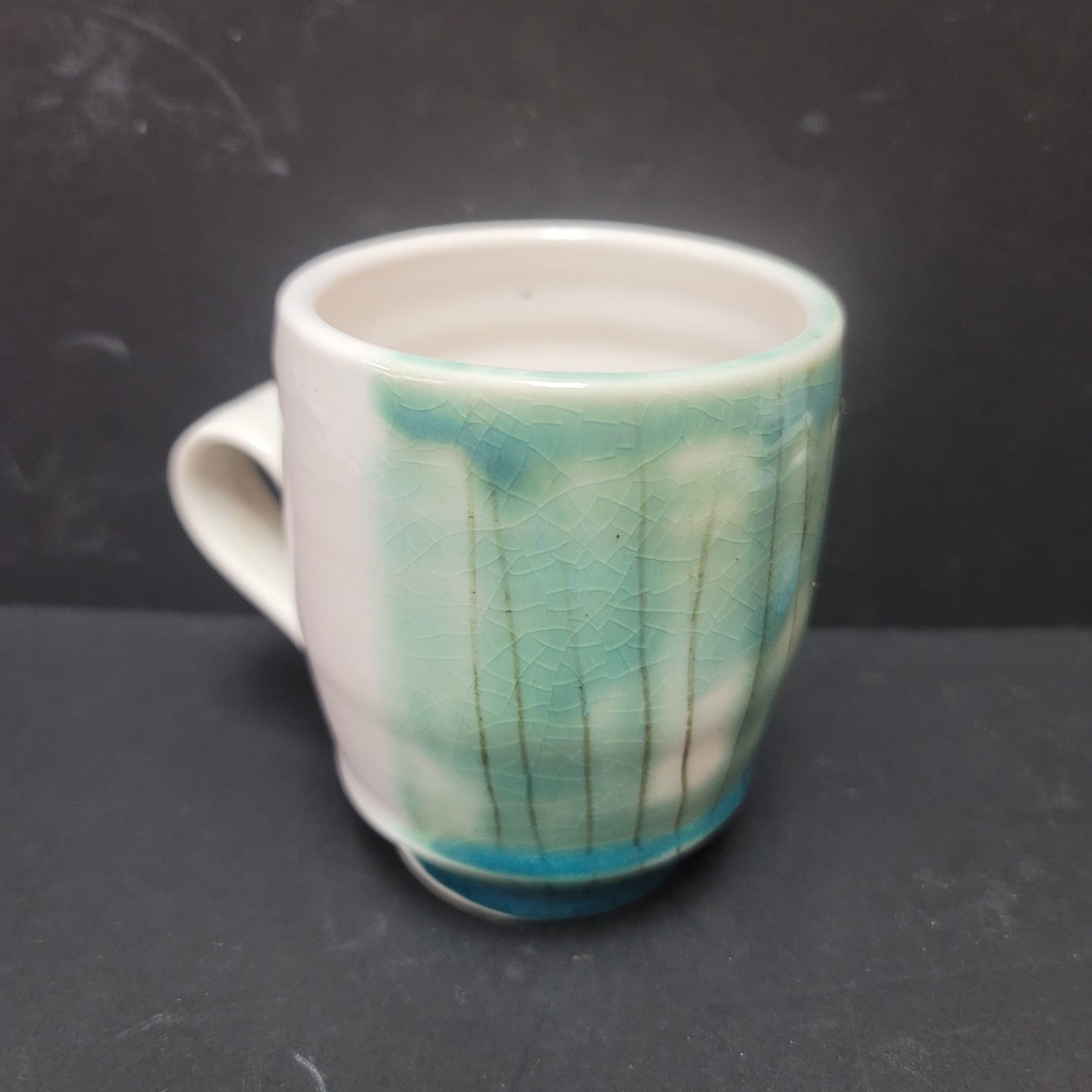 Handmade studio art pottery clay mug cup Forest hand painted Stamped E