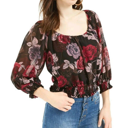 GUESS Large blouse top Black Floral 3/4 Sleeve Scoop Neck Gathered waist sleeve