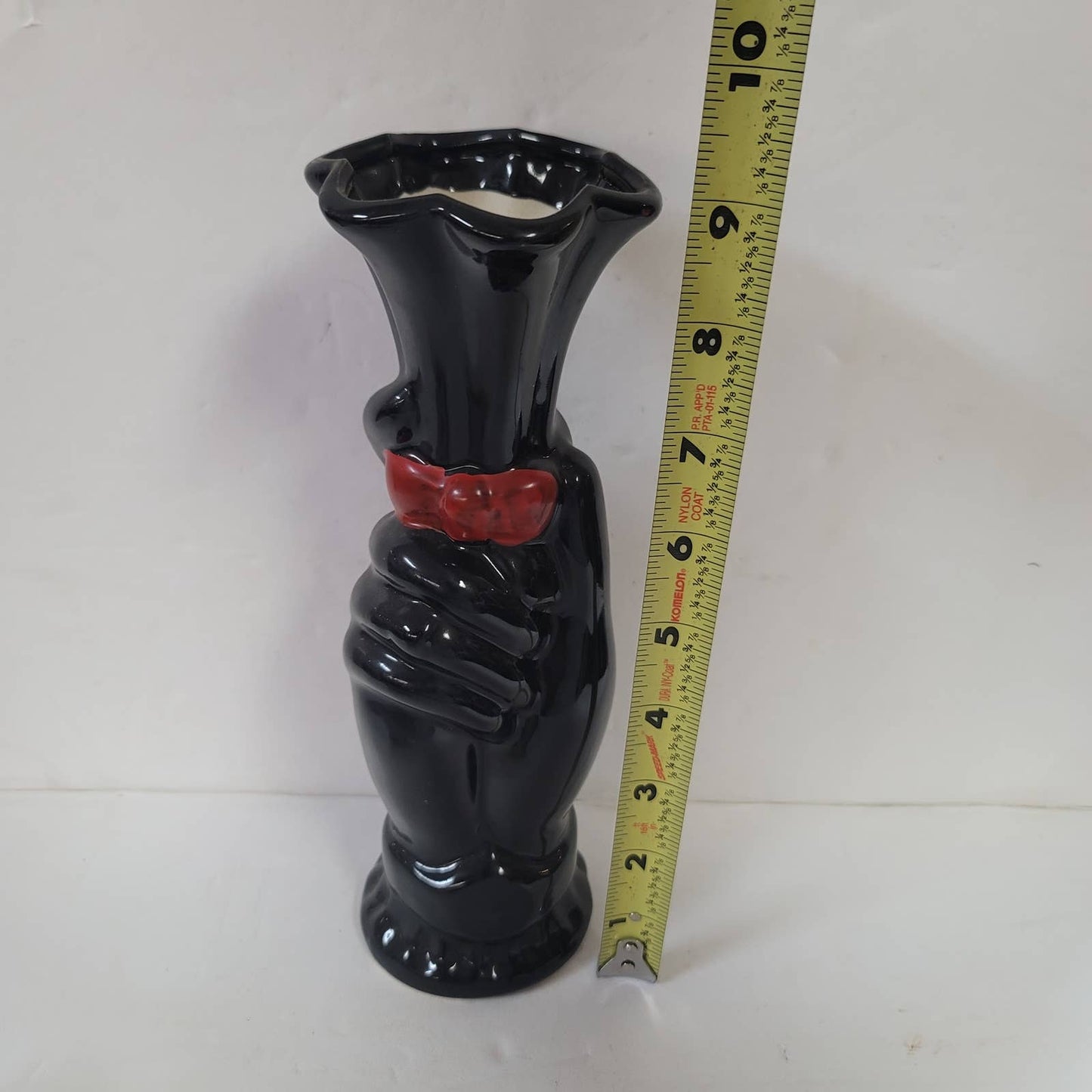 Vintage fluted black hand red bowtie tall vase Ceramic 9" tall