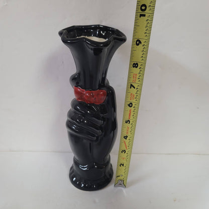 Vintage fluted black hand red bowtie tall vase Ceramic 9" tall