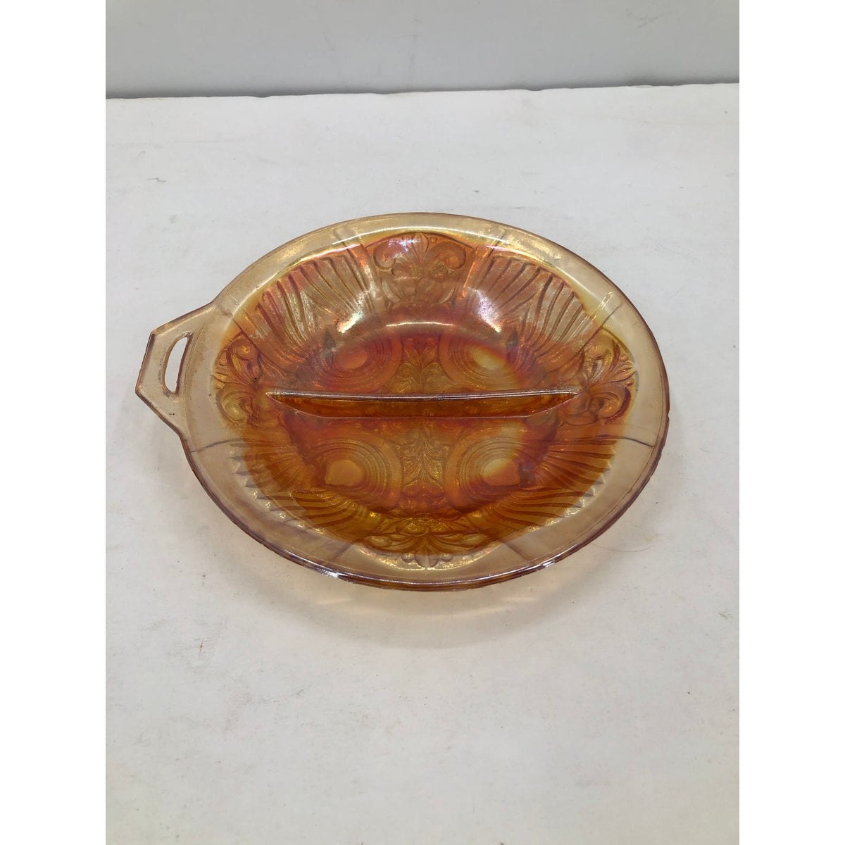 Vintage Iridescent Marigold Carnival Glass Divided Candy Nut Dish Open Handle