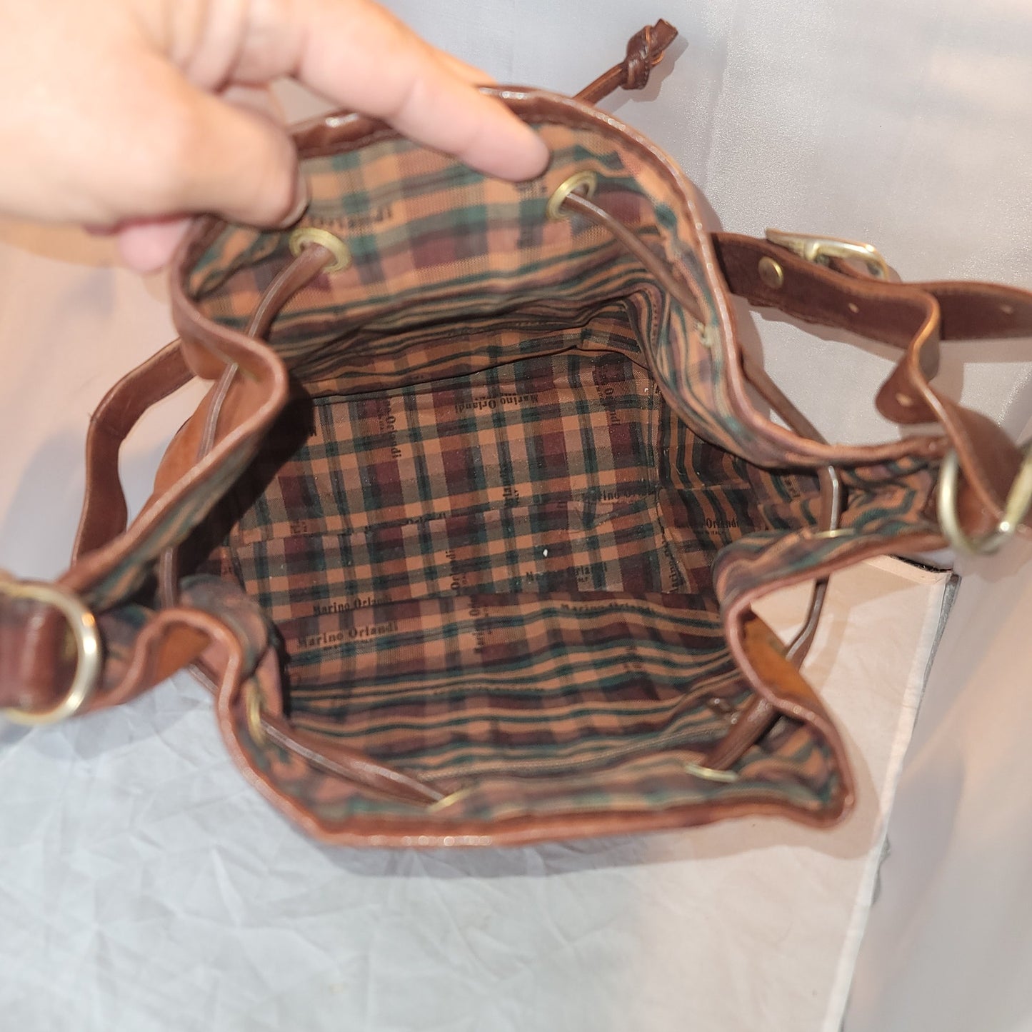 Marino Orlandi Leather Italian Bucket Bag NewBuck Cognac Drawstring Purse tartan