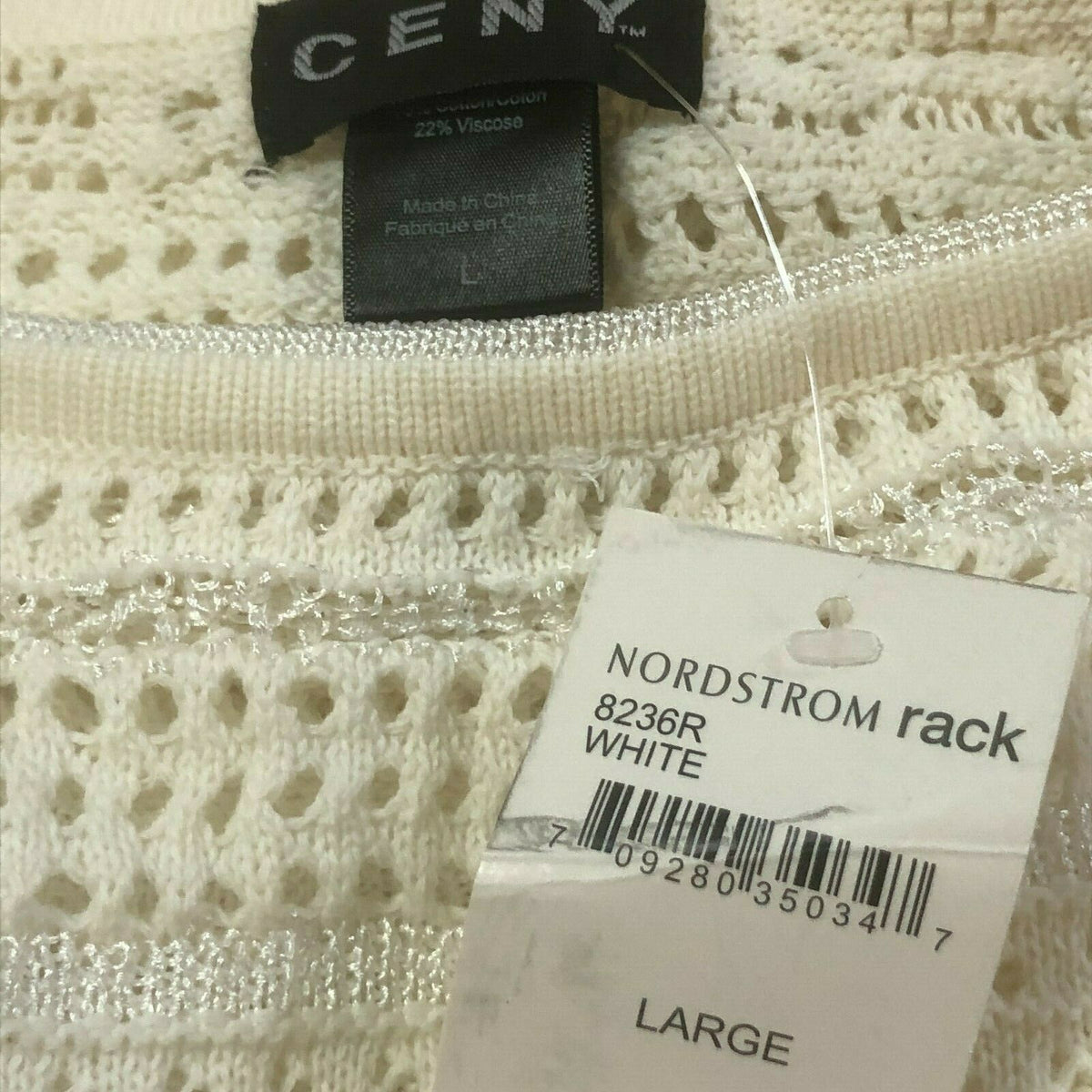 CENY Open Knit Cropped Sweater Wide Sleeve White Large Long Sleeve NEW