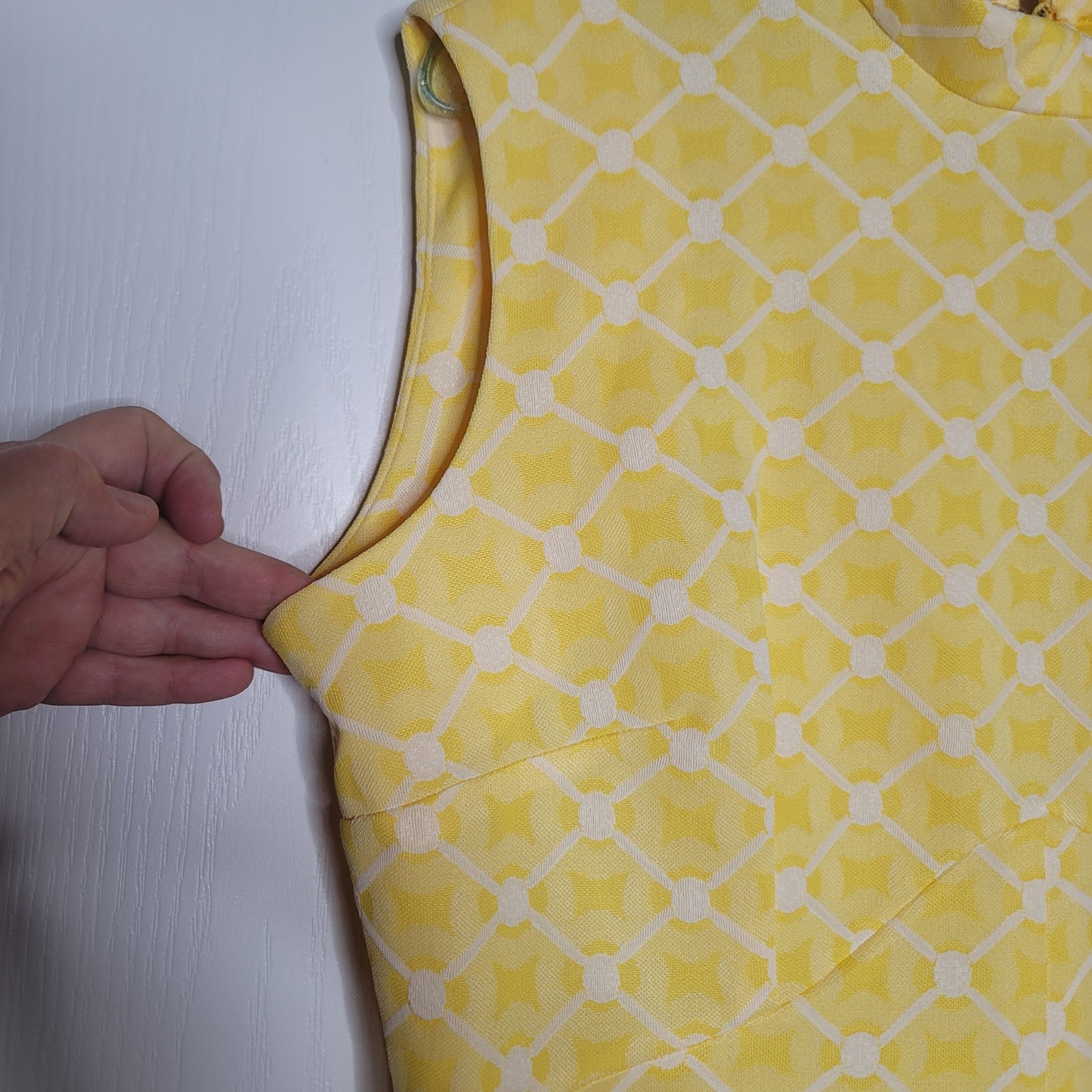Vintage Size Large Polyester Yellow White Square Sleeveless Dress Maxi 1960s