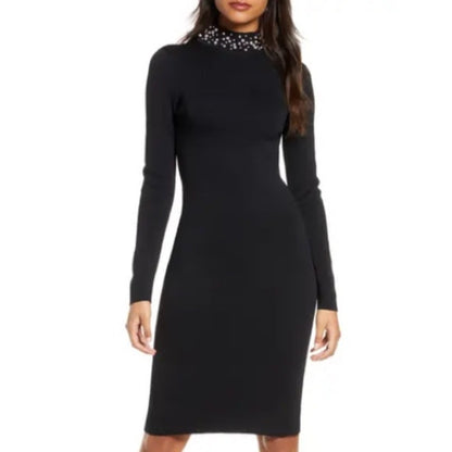 Eliza J Black Sweater Knit dress Pearl Collar Neckline Long Sleeve Midi Size XL