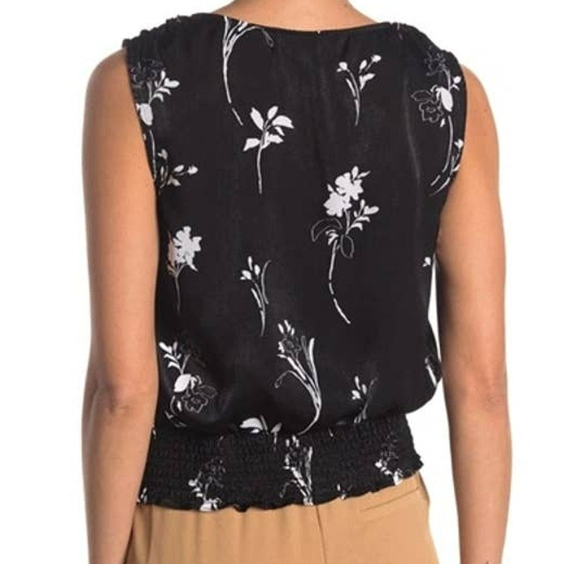 Laundry Shelli Segal Smock Waist V-Neck Sleeveless Top Sz Small Black Floral NWT