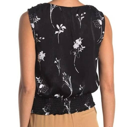 Laundry Shelli Segal Smock Waist V-Neck Sleeveless Top Sz Small Black Floral NWT