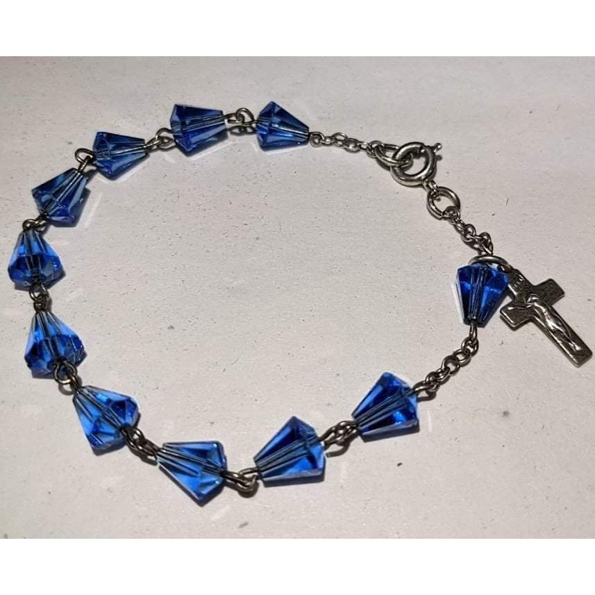 Sapphire Blue Crystal Sterling Silver Crucifix Small 7' Rosary Bracelet