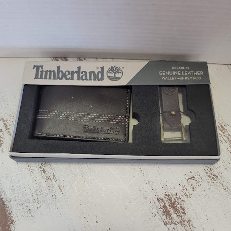 Timberland Genuine Leather BiFold Wallet Key Fob 3.5x4.5 NEW Brown Saddle Stitch