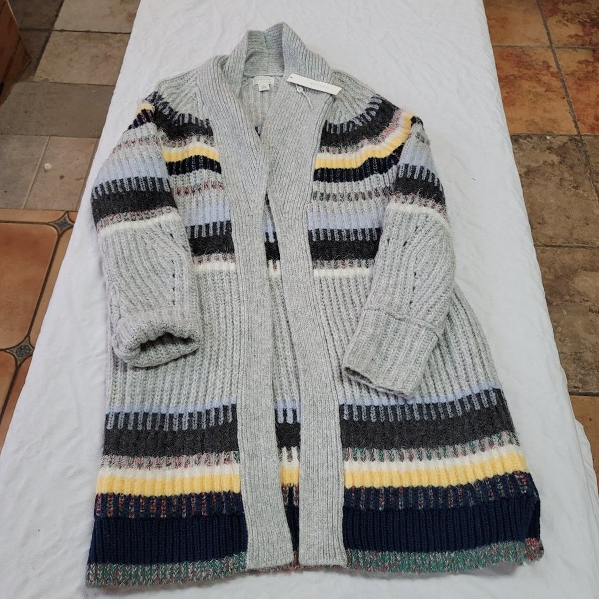 Caslon Open Front Shawl-Collar Cardigan Sweater Gray Staggered Stripe Small