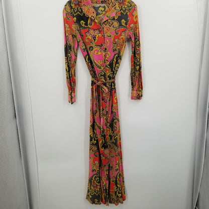 Vintage Paisley Long Sleeve Maxi Dress Waist Tie
