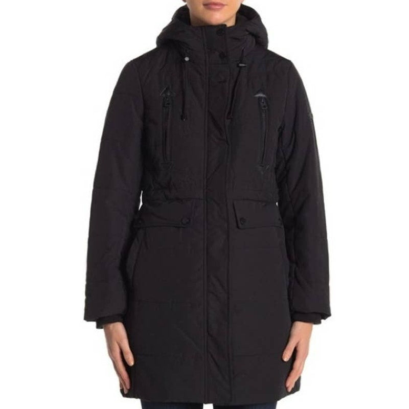Lucky Brand Zip & Snap Front Parka Coat Sz Small Black NWT Faux Fur-Lined Hood