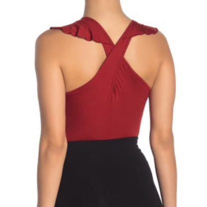 Goof Luck Gem NEW Rust Ruffle Front Bodysuit Large