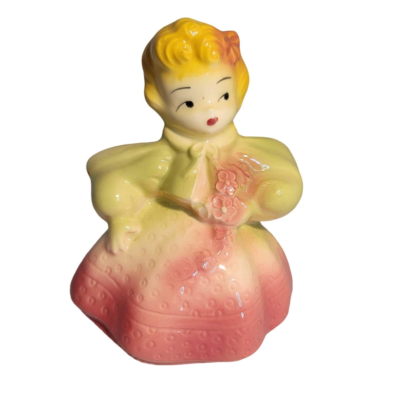 Vintage Ceramic Little Girl Planter Pink Yellow Ruffled Dress Vase 6"