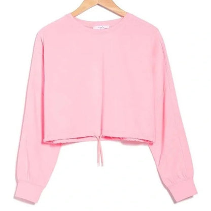 Elodie Womens French Terry Crop Sweatshirt Medium Neon Pink NEW Drawstring Waist