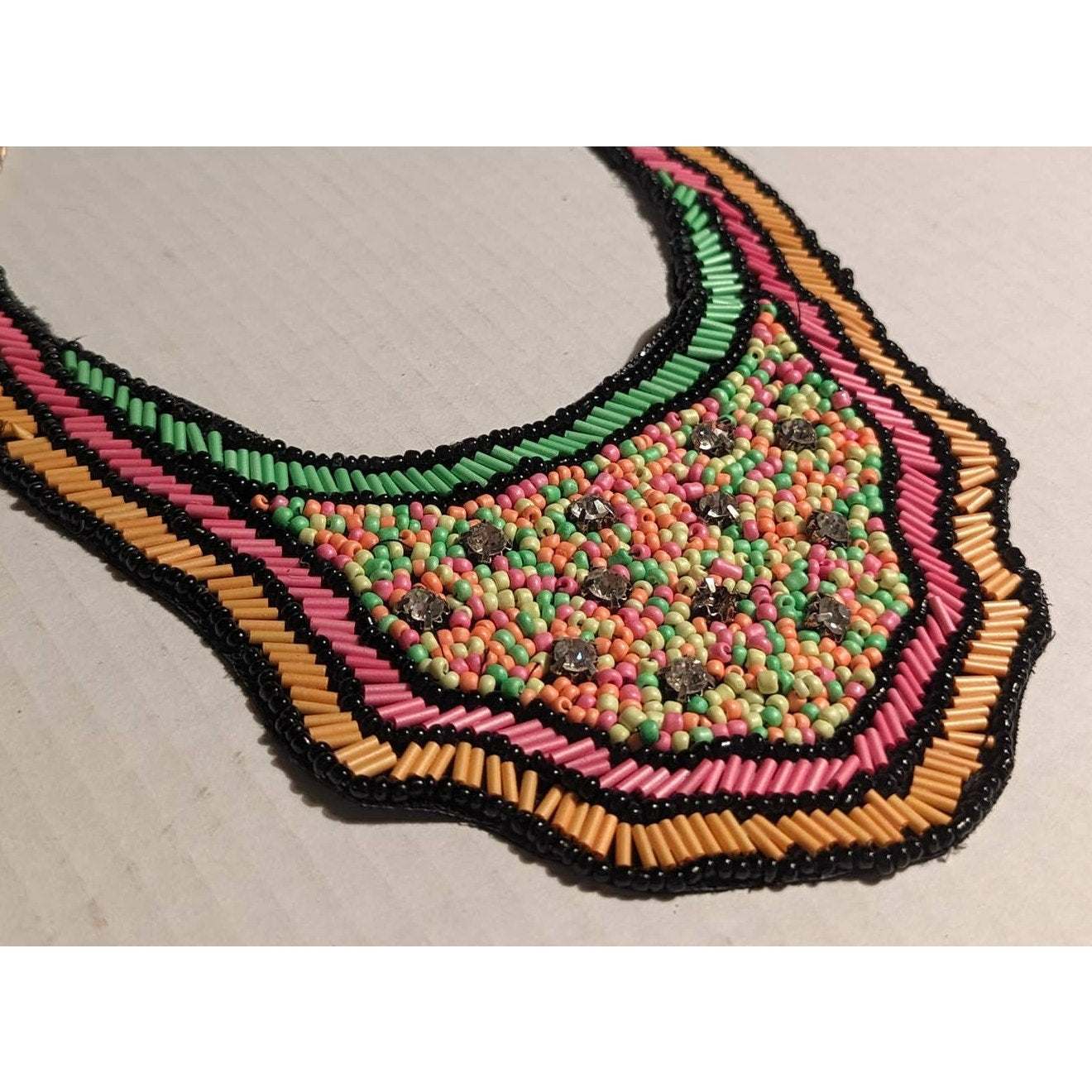 Vintage Costume Jewelry Neon Beaded Cloth Chestplate Necklace Green Pink Orange